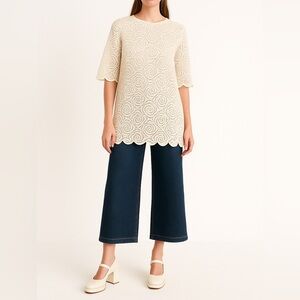 VINTAGE MODA INT’L Scalloped Hem Rose Lace Tunic | M/L | Ivory | Romantic